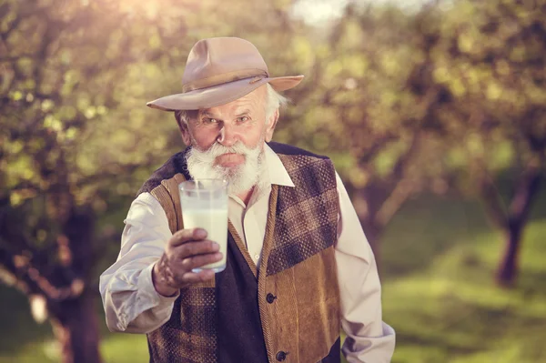 Agricoltore anziano con latte — Foto Stock