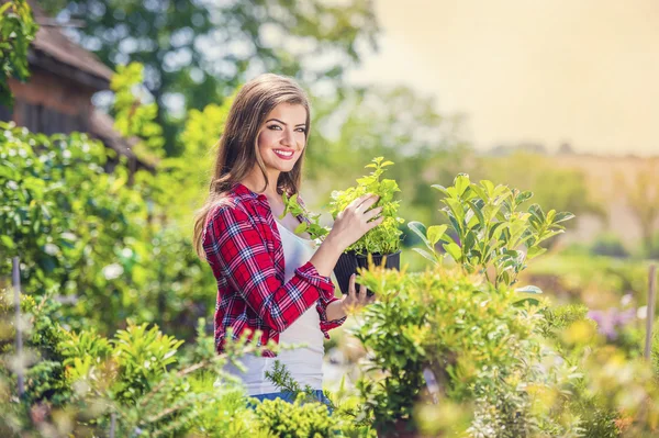 Schöne Frau im Garten — Stockfoto