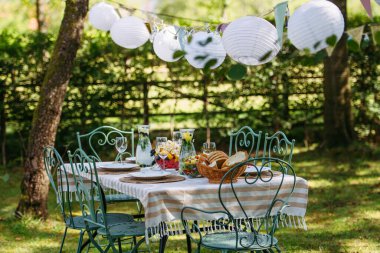 Rustic garden table prepared for summer party. Festive backyard setup.