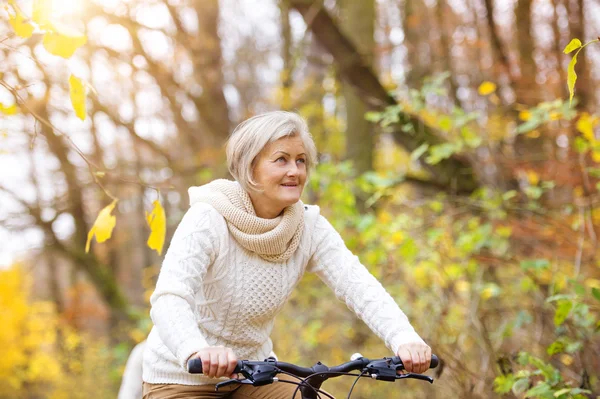 Mujer mayor bicicleta de montar — Foto de Stock