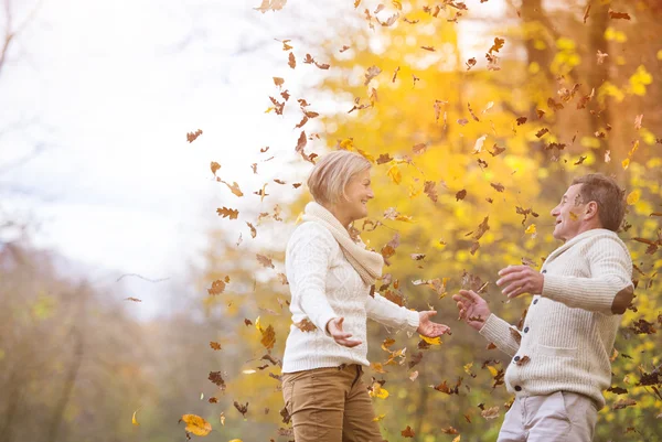 Starší pár, baví se na podzim — Stock fotografie