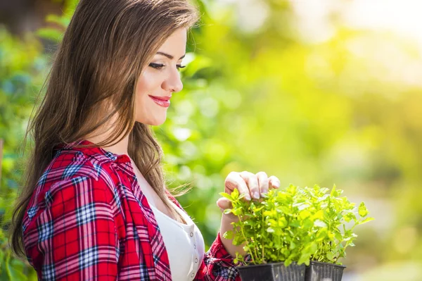 Schöne junge Frau bei der Gartenarbeit — Stockfoto