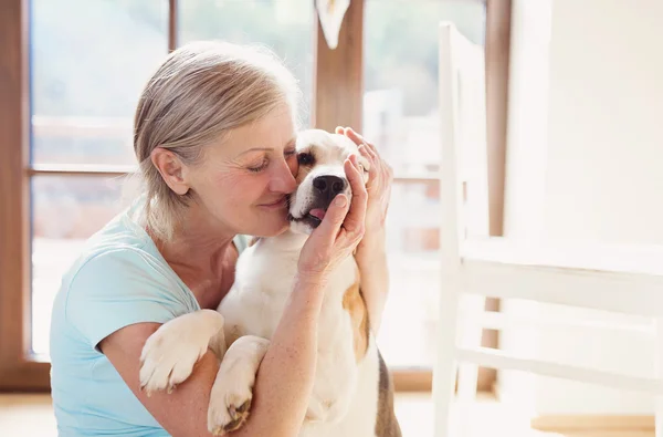 Senior mujer con su perro — Foto de Stock