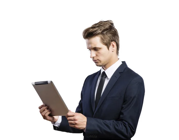 Jovem empresário bonito com tablet — Fotografia de Stock