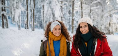 Kış ormanında yürüyen iki bayan arkadaş. Kopyalama alanı olan pankart.