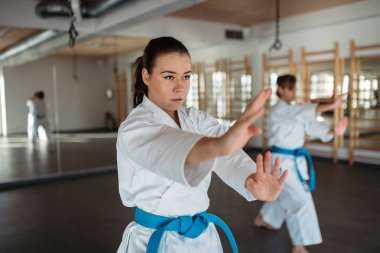 Dövüş sanatları stüdyosunda, spor salonunda karate yapan kadınlar..