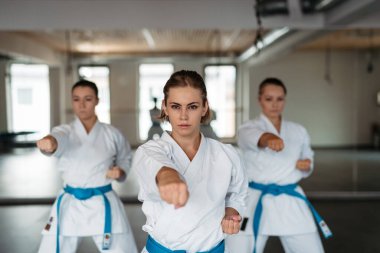 Odaklanmış kadın karate dövüşçüleri sanat stüdyosunda yumruk tekniği uyguluyor..
