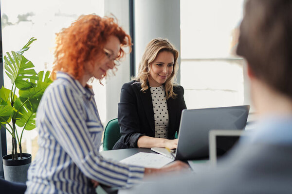 Business team reviewing project data, analysis financial situation in modern office.