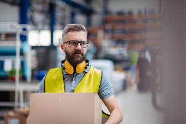 Yakışıklı depo ya da kutu içinde ürün taşıyan fabrika işçisi.
