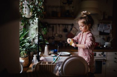 Bağımsız genç kız evde bulaşık yıkıyor..