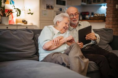 Yaşlı çift kanepede oturuyor ve tatil için rezervasyon yaptırıyor, tatil köyünde yer ayırtıyorlar..