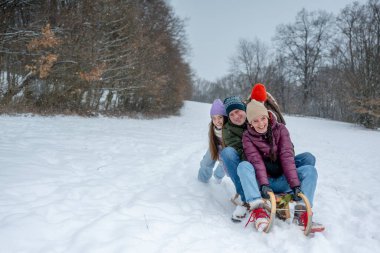 Aile, karlı tepede kış kızağı kayarken eğleniyor. Kış eğlencesi.
