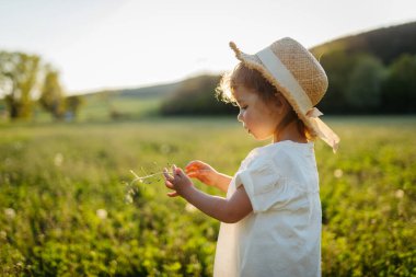 Doğada, çayır üzerinde oynayan tatlı bir kız. Bahar mevsimi.