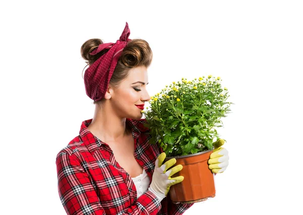 Woman with pin-up hairstyle smelling yellow daisies in flower po — Stockfoto