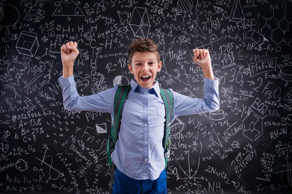 Ragazzo eccitato e vittorioso contro la lavagna con matematica — Foto Stock