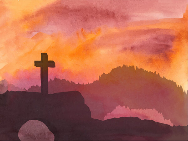 Easter scene with cross. Jesus Christ. Watercolor vector illustration
