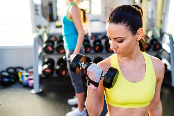 Two fit women in gym working out with weights