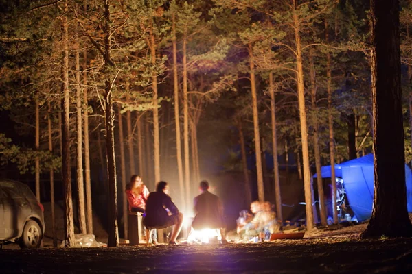 Turystów przy ognisku w nocy. — Zdjęcie stockowe