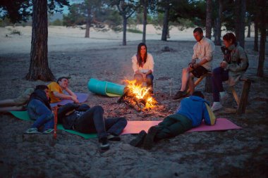 gece kamp ateşi etrafında turist.