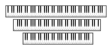 Bir dizi klavye. 88, 76 ve 61 tuşlu 3d illüstrasyon