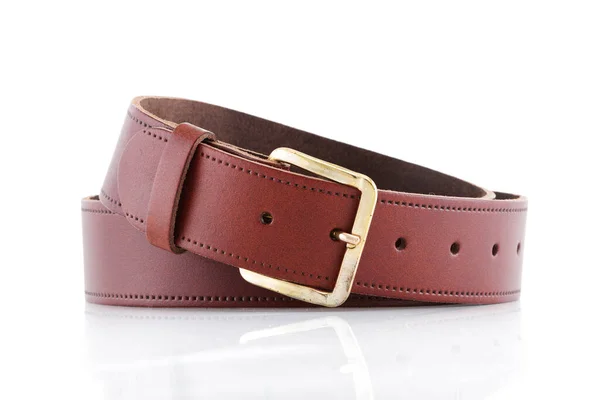 Brown leather belt on a white background with front reflection — Foto Stock
