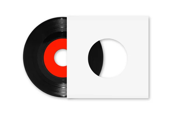 45rpm single vinyl record with red label and white sleeve on white with clipping path — Stock Photo, Image