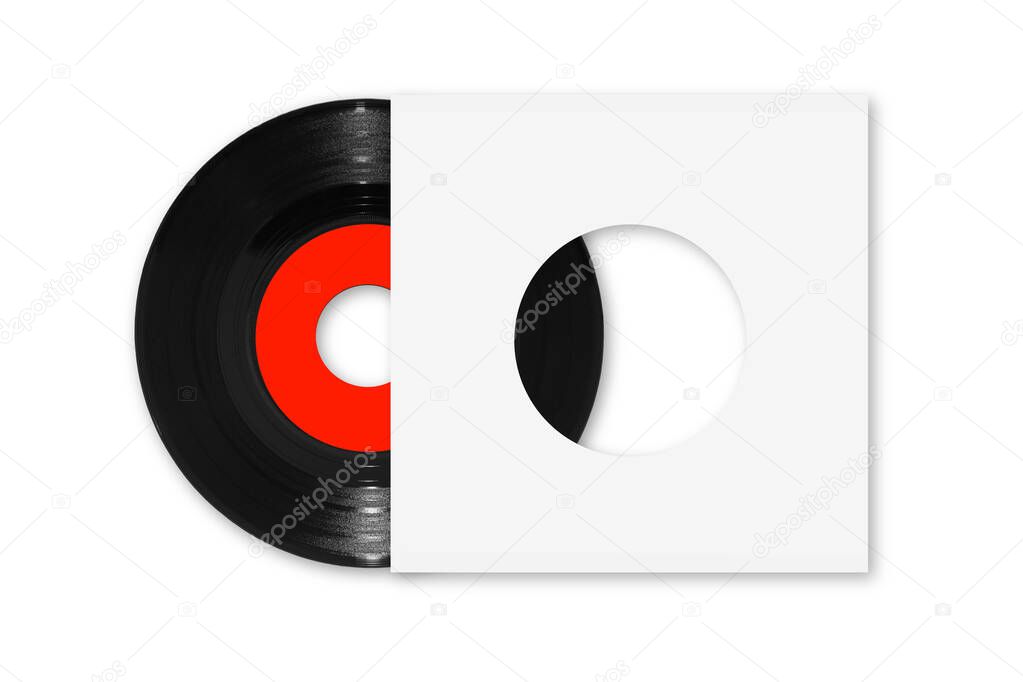 45rpm single vinyl record with red label and white sleeve on white with clipping path