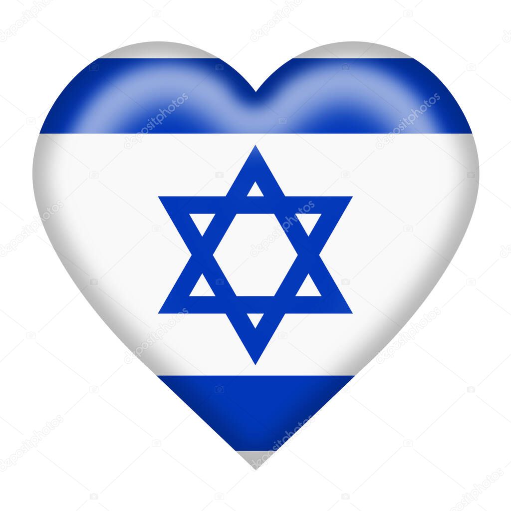 Israel flag heart button isolated on white with clipping path 3d illustration