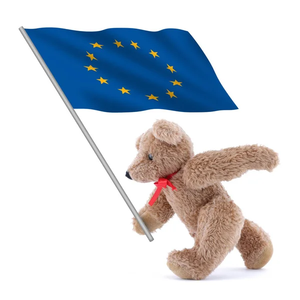 一只可爱的泰迪熊拿着欧盟的国旗 — 图库照片