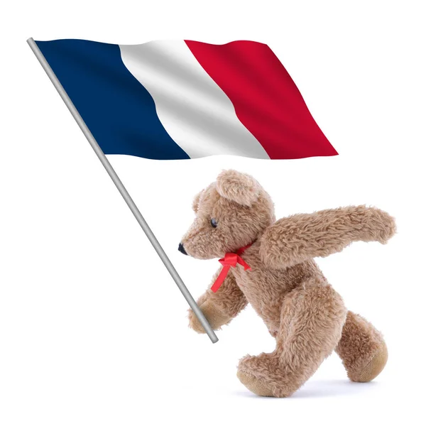 Frankreich-Flagge wird von einem niedlichen Teddybär getragen — Stockfoto