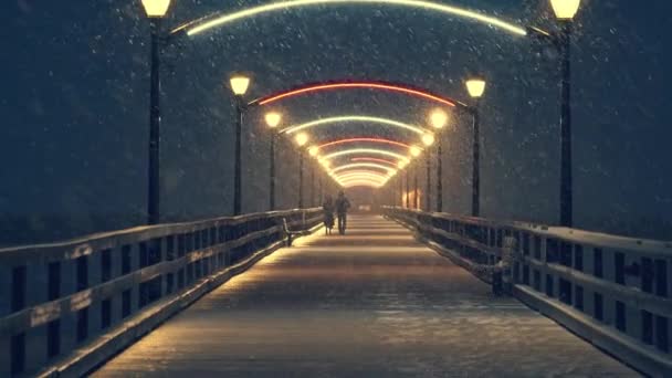 Några promenader på natten på träpir på natten under snöstorm — Stockvideo