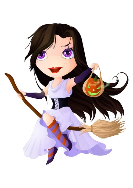 Chibi Girl Dressed Witch Pumpkin Her Hands Flying Broom — Stock Vector