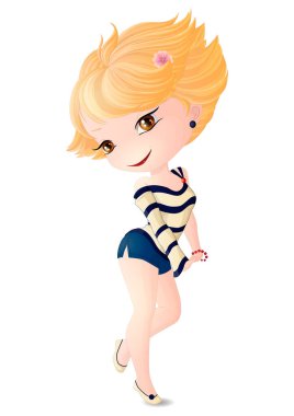 Cute blonde Chibi girl in a striped jacket and blue shorts. clipart