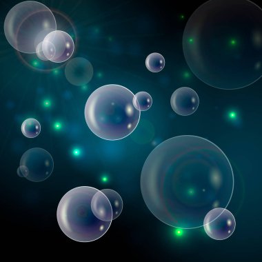 Soyut arkaplan. Sabun köpükleri ve ışıklar siyah ve yeşil arka planda.