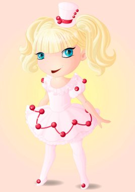 Chibi kabarık pembe elbiseli ve küçük silindir şapkalı bir kız..