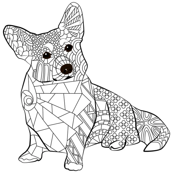 Desenho Linear Preto Branco Cão Corgi Zentangle Livro Para Colorir —  Vetores de Stock