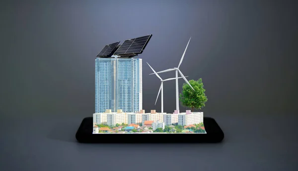 Saubere Energie Der Stadt Der Solarzellen Und Windräder Auf Smartphones — Stockfoto
