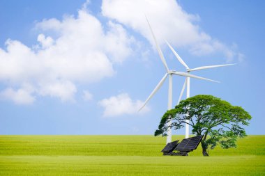 Çevresel kavramlar Temiz enerji, rüzgar türbinleri, güneş hücreleri ve ağaçlar