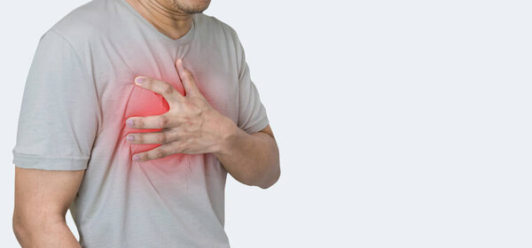 Man hands holding chest with symptom heart attack disease