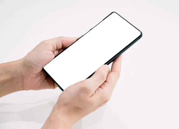 Ele Tutuşan Akıllı Telefon Beyaz Ekran — Stok fotoğraf