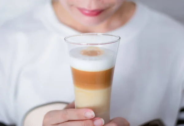 Woman Holding Cup Coffee Latte Milk Froth Hot Drink — Stock Photo, Image