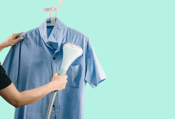 Woman Ironing Clothes Steam Iron Green Background — Fotografia de Stock