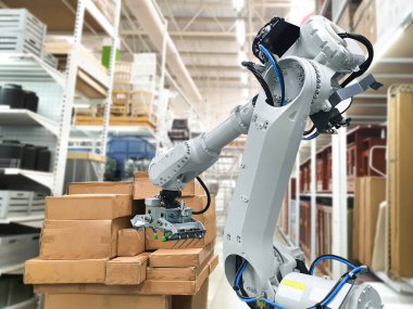 Endüstriyel robotik kol bir paket tutmak için karton yükleme
