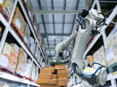 Endüstriyel robotik kol bir paket tutmak için karton yükleme