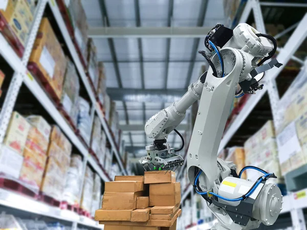 Industrial Robotic Arm Loading Carton Holding Package — Stock Photo, Image