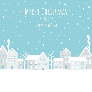 Kış şehrinin vektör görüntüsü. Mutlu Noeller ve mutlu yıllar..