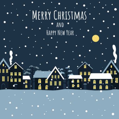 Gece kışı şehrinin vektör görüntüsü. Mutlu Noeller ve mutlu yıllar..