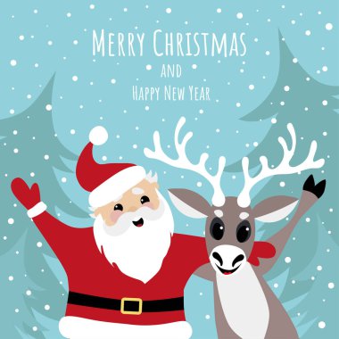 Neşeli bir Noel Baba ve bir geyiğin vektör görüntüsü. Mutlu Noeller ve mutlu yıllar..