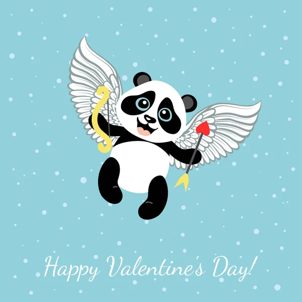 Der Kleine Süße Panda Fliegt Auf Seinen Flügeln Glücklicher Valentinstag — Stockvektor