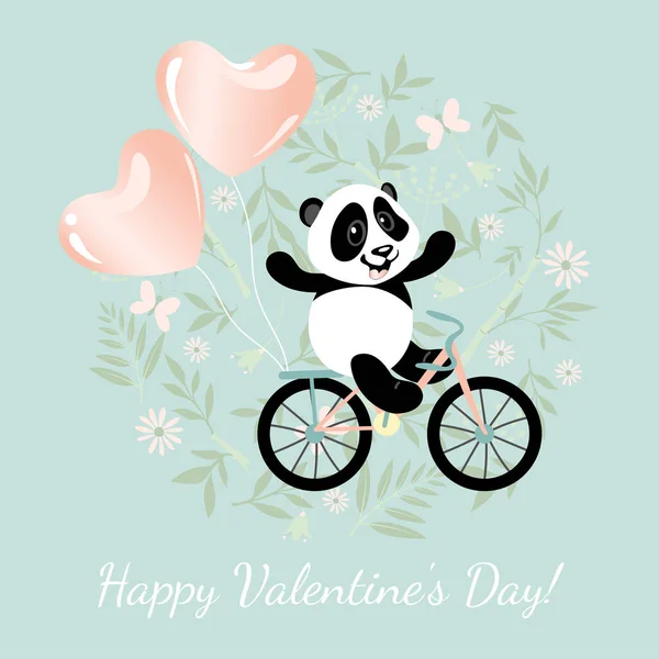 Der Kleine Glückliche Panda Fährt Ein Fahrrad Mit Luftballons Vorlage — Stockvektor